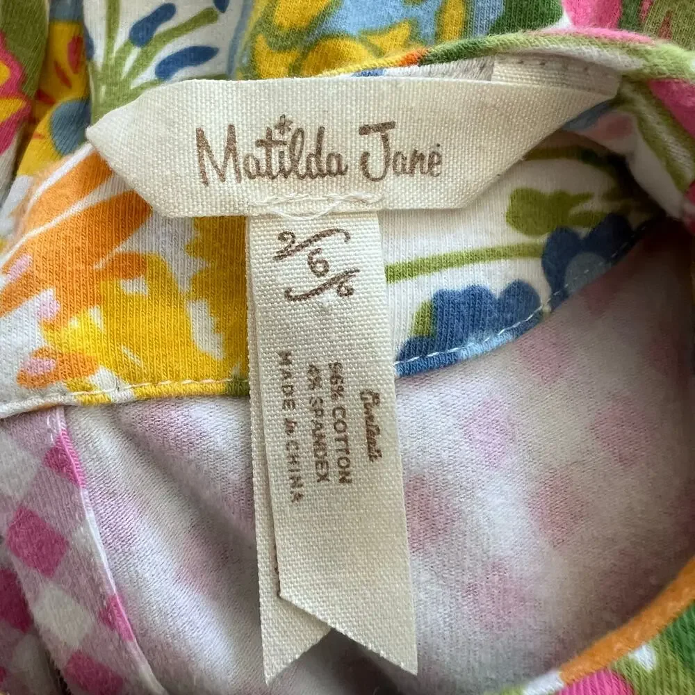 Matilda Jane Far Out Dress Girls 6 Floral Maxi Bright Daydream Gingham Trim